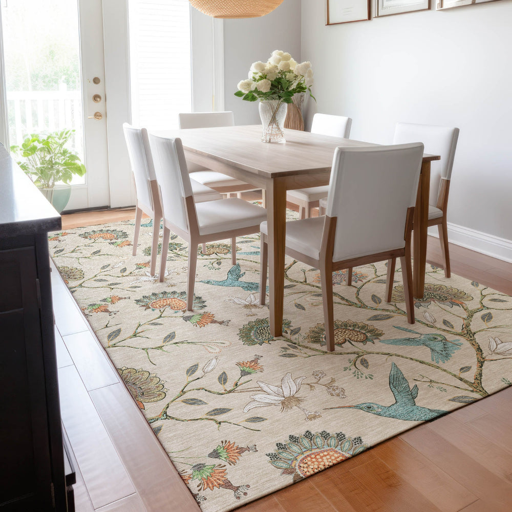 Piper Looms Mayfield Hummingbirds AMF174 Beige Machine Washable Area Rug Lifestyle Image Feature