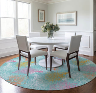 Piper Looms Mayfield Coral AMF182 Aqua Machine Washable Area Rug Round Lifestyle Image Feature