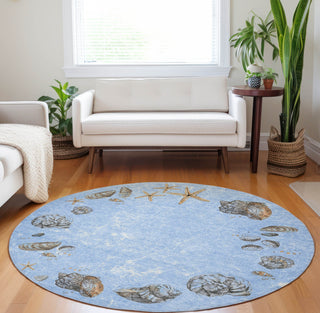 Piper Looms Mayfield Shell Border AMF188 Blue Machine Washable Area Rug Round Lifestyle Image Feature