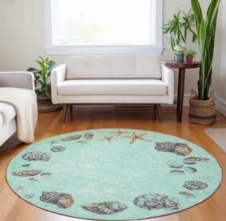 Piper Looms Mayfield Shell Border AMF188 Green Machine Washable Area Rug Round Lifestyle Image Feature