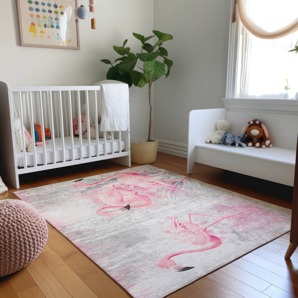 Piper Looms Mayfield Soft Flamingos AMF197 Pink Machine Washable Area Rug Lifestyle Image Feature