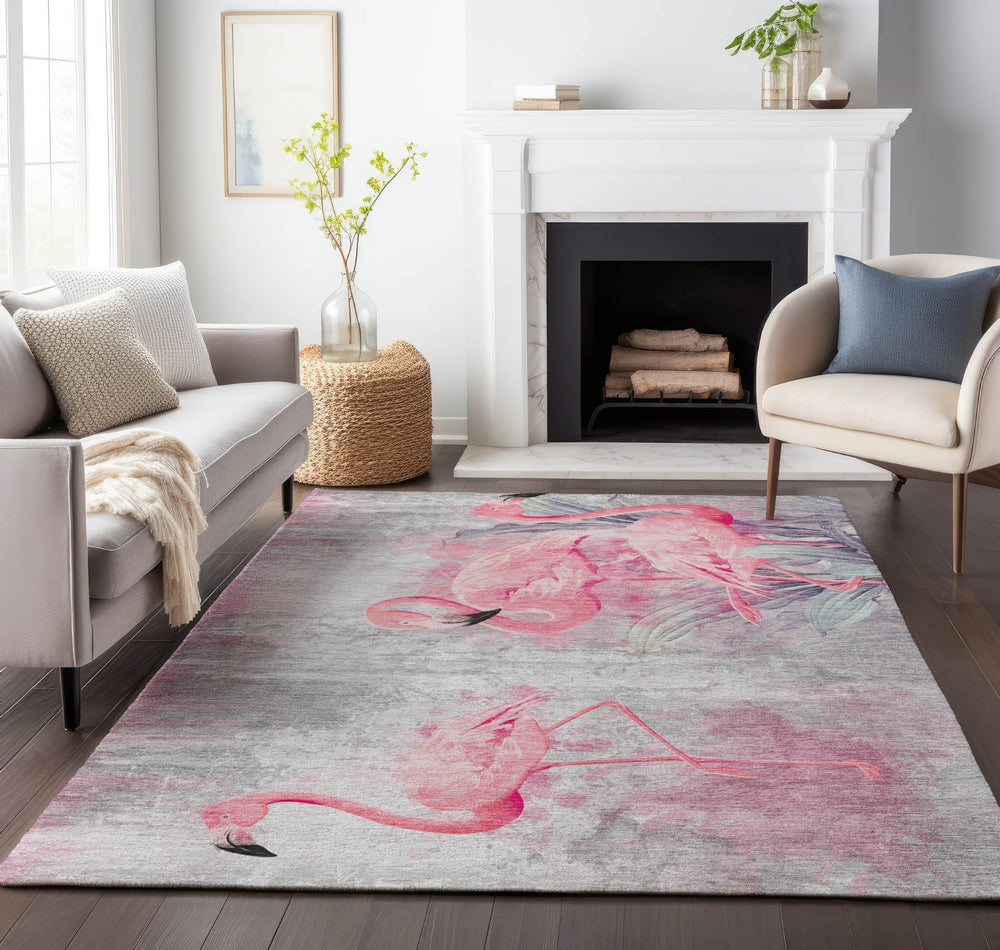 Piper Looms Mayfield Soft Flamingos AMF197 Pink Machine Washable Area Rug Lifestyle Image Feature