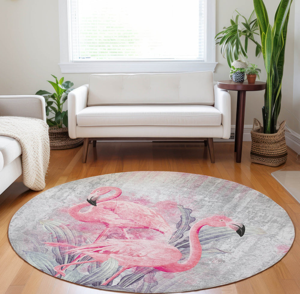 Piper Looms Mayfield Soft Flamingos AMF197 Pink Machine Washable Area Rug Round Lifestyle Image Feature