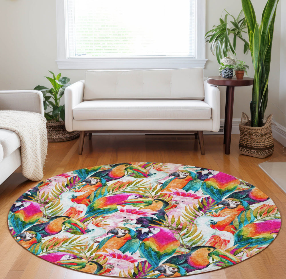Piper Looms Mayfield Tropical Birds AMF200 Multi Machine Washable Area Rug Round Lifestyle Image Feature