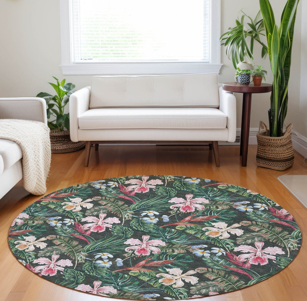 Piper Looms Mayfield Floral and Leaves AMF201 Midnight Machine Washable Area Rug Round Lifestyle Image Feature
