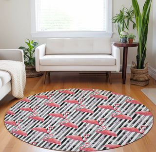 Piper Looms Mayfield Stripes and Flamingos AMF204 Pink Machine Washable Area Rug Round Lifestyle Image Feature