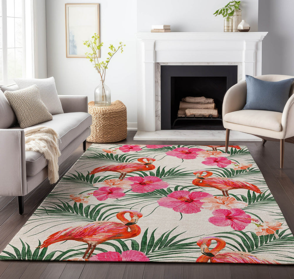 Piper Looms Mayfield Leaves and Flamingos AMF207 Pink Machine Washable Area Rug Lifestyle Image Feature
