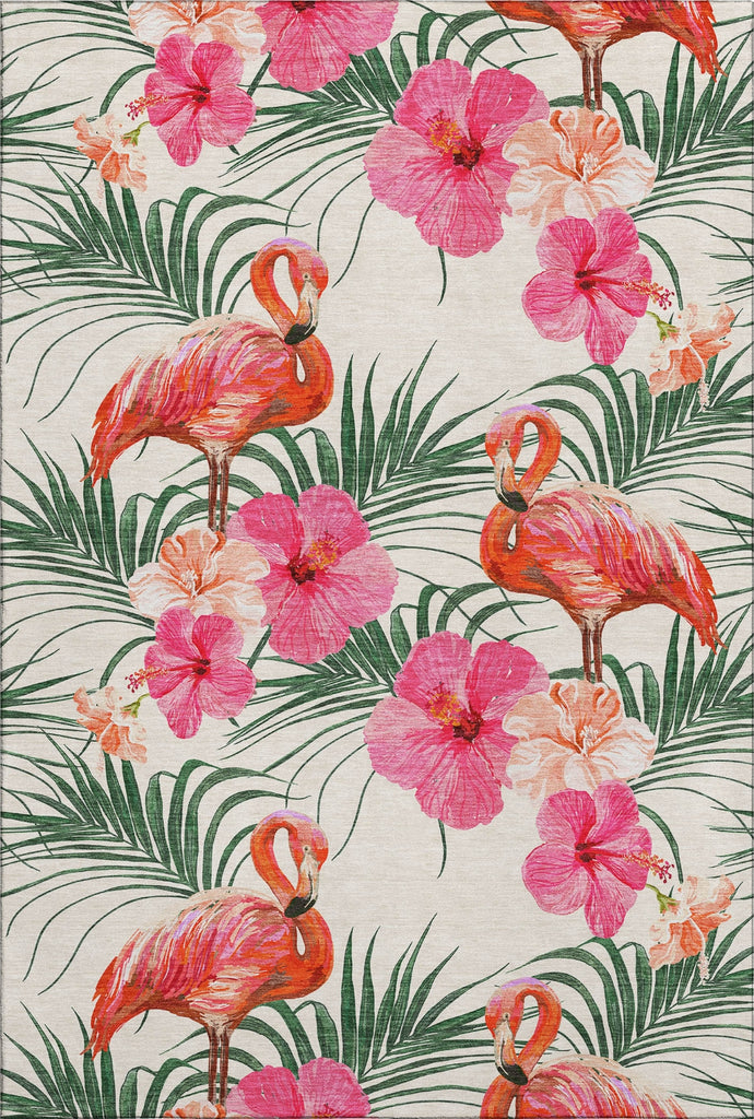 Piper Looms Mayfield Leaves and Flamingos AMF207 Pink Machine Washable Area Rug main image