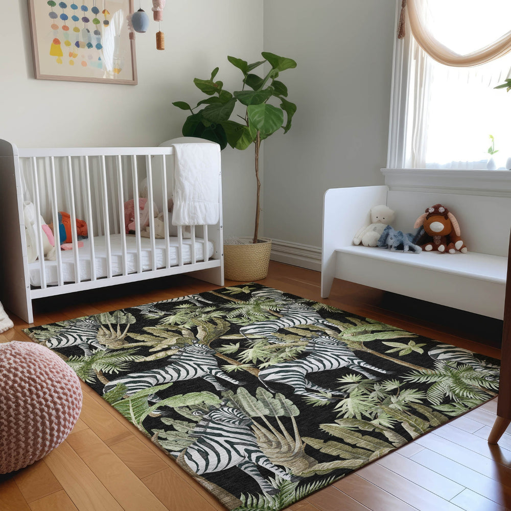 Piper Looms Mayfield Palms and Zebras AMF208 Midnight Machine Washable Area Rug Lifestyle Image Feature