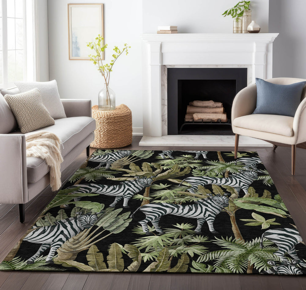 Piper Looms Mayfield Palms and Zebras AMF208 Midnight Machine Washable Area Rug Lifestyle Image Feature
