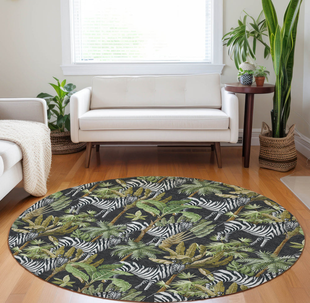 Piper Looms Mayfield Palms and Zebras AMF208 Midnight Machine Washable Area Rug Round Lifestyle Image Feature