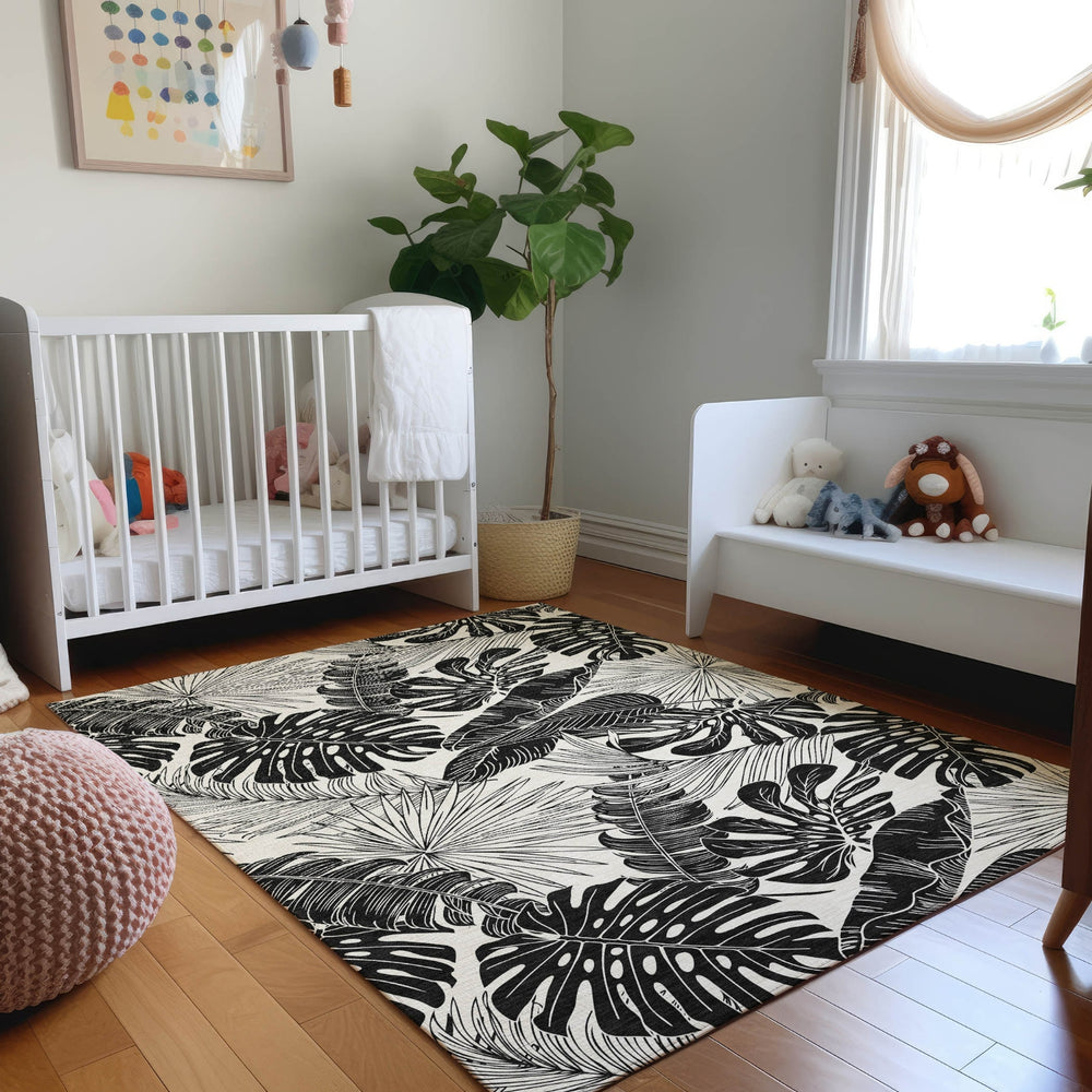 Piper Looms Mayfield Large Leaves AMF211 Midnight Machine Washable Area Rug Lifestyle Image Feature