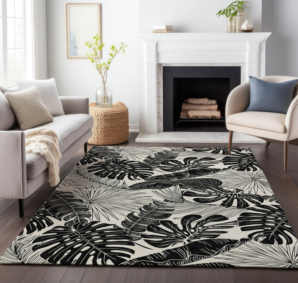 Piper Looms Mayfield Large Leaves AMF211 Midnight Machine Washable Area Rug Lifestyle Image Feature