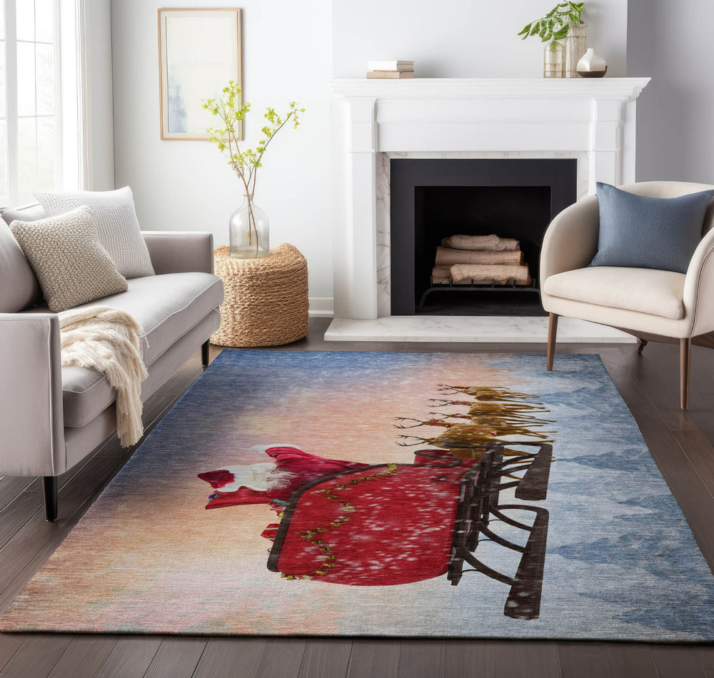 Piper Looms Mayfield Santa Sleigh AMF212 Blue Machine Washable Area Rug Lifestyle Image Feature