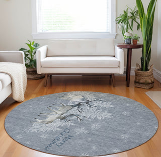 Piper Looms Mayfield Reindeer AMF213 Ash Machine Washable Area Rug Round Lifestyle Image Feature