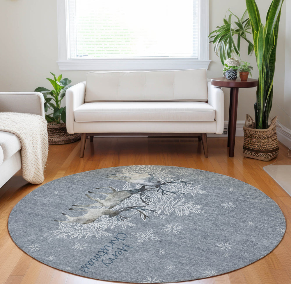 Piper Looms Mayfield Reindeer AMF213 Ash Machine Washable Area Rug Round Lifestyle Image Feature