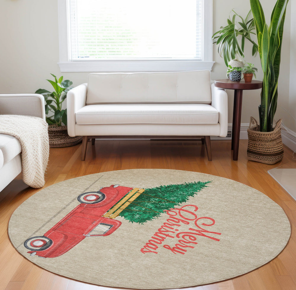 Piper Looms Mayfield Truck and Tree AMF215 Red Machine Washable Area Rug Round Lifestyle Image Feature