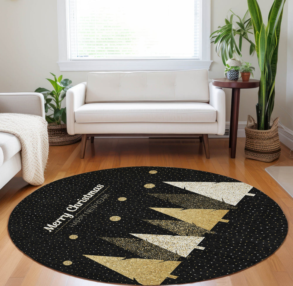 Piper Looms Mayfield Gold Trees AMF222 Midnight Machine Washable Area Rug Round Lifestyle Image Feature