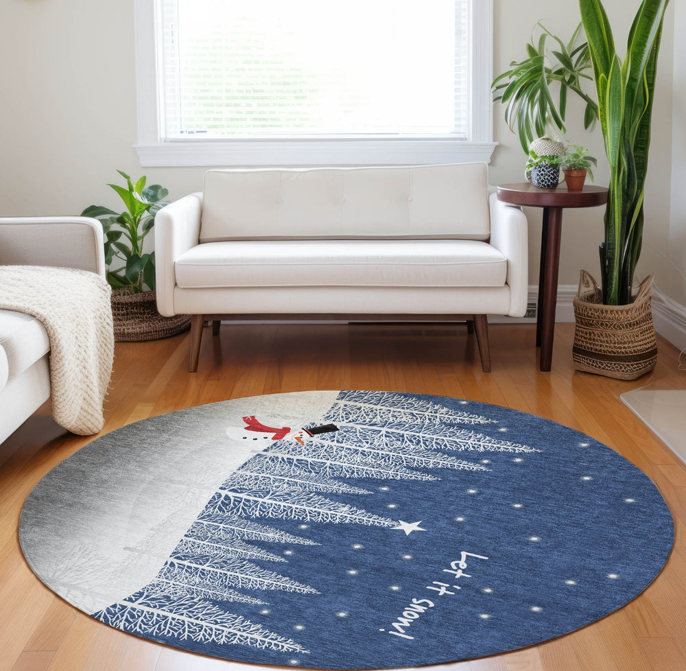Piper Looms Mayfield Snow Scene AMF223 Blue Machine Washable Area Rug Round Lifestyle Image Feature