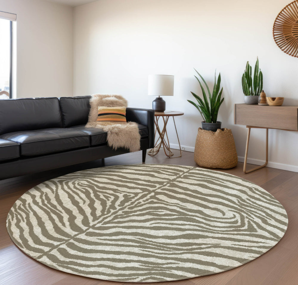 Piper Looms Mayfield Zebra AMF42 Taupe Machine Washable Area Rug Round Lifestyle Image Feature