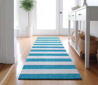 Piper Looms Mayfield Stripes AMF528 Teal Machine Washable Area Rug Runner Lifestyle Image Feature
