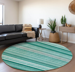 Piper Looms Mayfield Stripes AMF529 Aqua Machine Washable Area Rug Round Lifestyle Image Feature