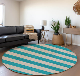 Piper Looms Mayfield Stripes AMF530 Turquoise Machine Washable Area Rug Round Lifestyle Image Feature