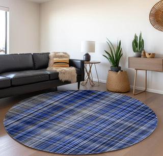Piper Looms Mayfield Plaid AMF541 Navy Machine Washable Area Rug Round Lifestyle Image Feature