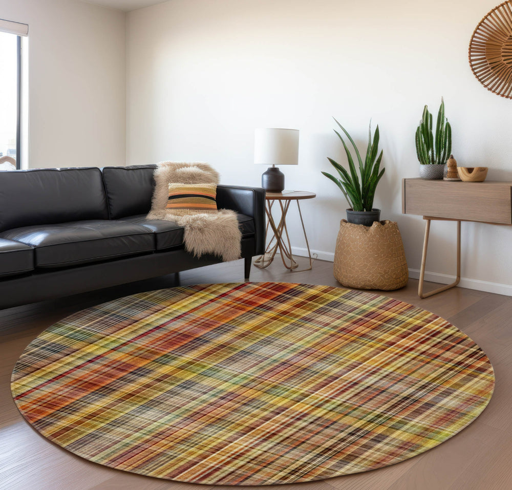 Piper Looms Mayfield Plaid AMF541 Paprika Machine Washable Area Rug Round Lifestyle Image Feature