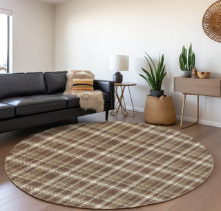 Piper Looms Mayfield Plaid AMF563 Chocolate Machine Washable Area Rug Round Lifestyle Image Feature