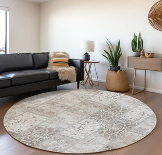 Piper Looms Mayfield Panel AMF566 Taupe Machine Washable Area Rug Round Lifestyle Image Feature