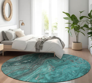 Piper Looms Mayfield Abstract AMF599 Teal Machine Washable Area Rug Round Lifestyle Image Feature