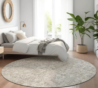 Piper Looms Mayfield Panel AMF611 Taupe Machine Washable Area Rug Round Lifestyle Image Feature