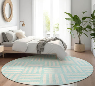 Piper Looms Mayfield Squares AMF620 Aqua Machine Washable Area Rug Round Lifestyle Image Feature