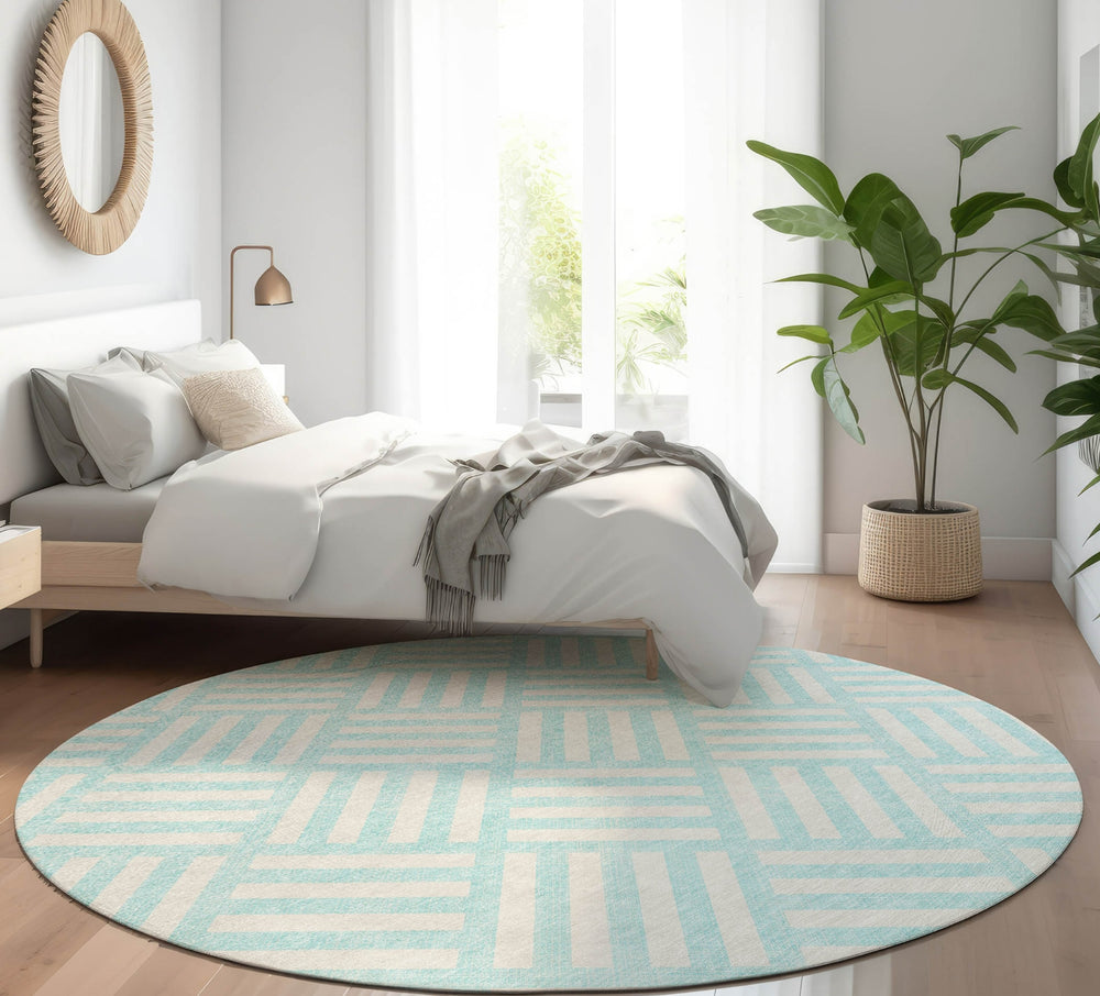 Piper Looms Mayfield Squares AMF620 Aqua Machine Washable Area Rug Round Lifestyle Image Feature