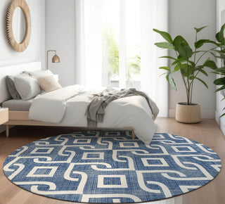 Piper Looms Mayfield Geometric AMF621 Navy Machine Washable Area Rug Round Lifestyle Image Feature