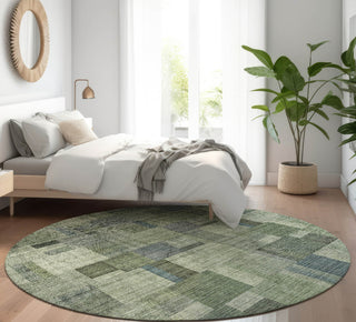 Piper Looms Mayfield Squares AMF639 Green Machine Washable Area Rug Round Lifestyle Image Feature