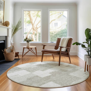 Piper Looms Mayfield Geometric AMF659 Taupe Machine Washable Area Rug Round Lifestyle Image Feature