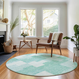 Piper Looms Mayfield Geometric AMF659 Teal Machine Washable Area Rug Round Lifestyle Image Feature