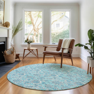Piper Looms Mayfield Floral AMF662 Aqua Machine Washable Area Rug Round Lifestyle Image Feature