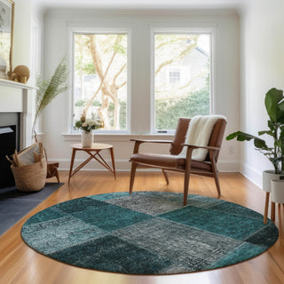 Piper Looms Mayfield Patchwork AMF663 Teal Machine Washable Area Rug Round Lifestyle Image Feature