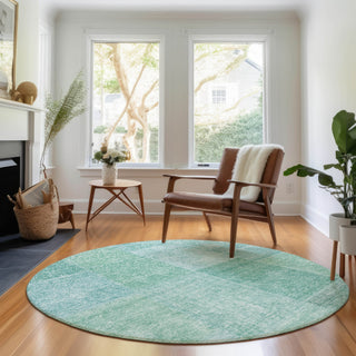 Piper Looms Mayfield Patchwork AMF664 Teal Machine Washable Area Rug Round Lifestyle Image Feature
