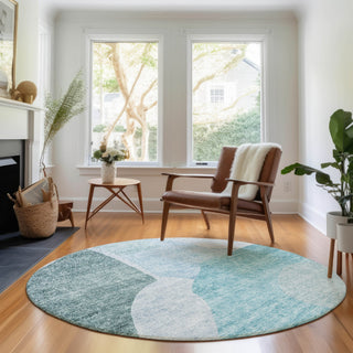 Piper Looms Mayfield Abstract AMF665 Teal Machine Washable Area Rug Round Lifestyle Image Feature