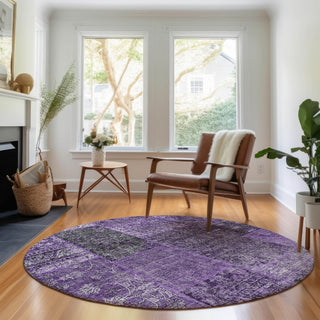 Piper Looms Mayfield Patchwork AMF669 Eggplant Machine Washable Area Rug Round Lifestyle Image Feature