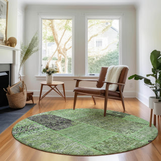 Piper Looms Mayfield Patchwork AMF669 Green Machine Washable Area Rug Round Lifestyle Image Feature
