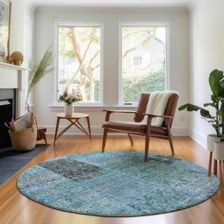 Piper Looms Mayfield Patchwork AMF669 Teal Machine Washable Area Rug Round Lifestyle Image Feature