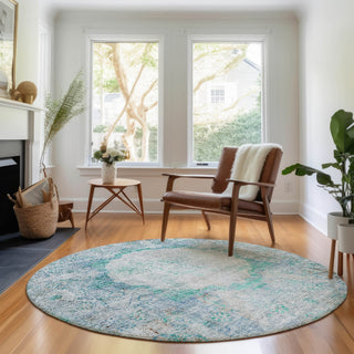Piper Looms Mayfield Oriental AMF675 Teal Machine Washable Area Rug Round Lifestyle Image Feature