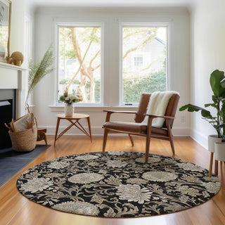 Piper Looms Mayfield Floral AMF677 Black Machine Washable Area Rug Round Lifestyle Image Feature