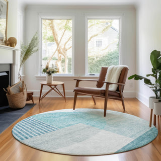 Piper Looms Mayfield Modern AMF678 Teal Machine Washable Area Rug Round Lifestyle Image Feature