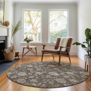 Piper Looms Mayfield Floral AMF680 Chocolate Machine Washable Area Rug Round Lifestyle Image Feature